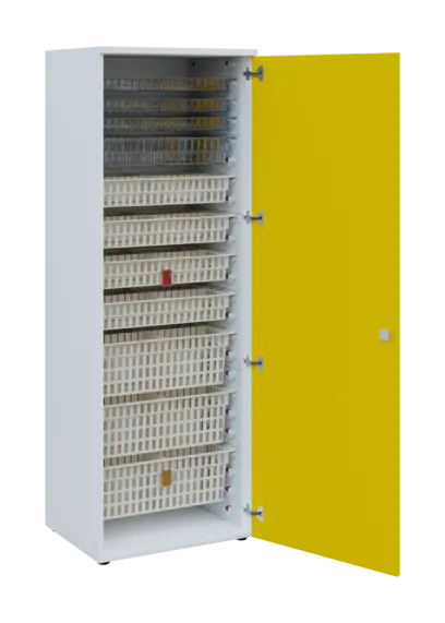 EUROMEDICA D - 66 skříň léková boxová, 1-dveřová, pravá, 1950x660x535, korpus bílý, dvířka žlutá odio